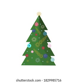 The Christmas tree is decorated with bright balls. Holiday of the year. Use for printed products postcards, flyers, business cards or poster and banner. Vector illustration