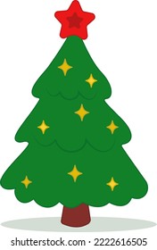 Christmas tree decorated with bright toys and a red star.  Christmas illustration. Simple vector illustration highlighted on a white background Celebrating winter holidays.