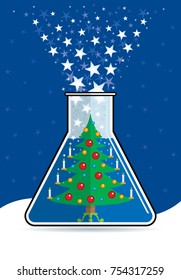Christmas tree decorated with burning candles inside a flask ejecting white stars on a blue background