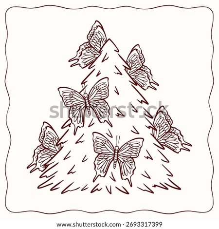 Christmas tree decorated with butterflies, vector art