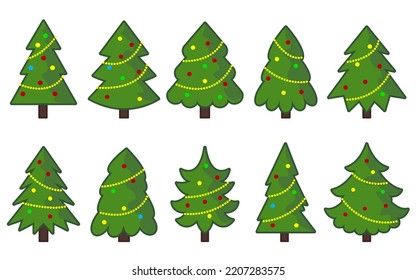 Christmas tree decorated by balls and gold garland. Green pine fir spruce Happy New Year merry xmas flat cartoon set isolated on white. Winter holiday traditional greeting card poster ornate decor