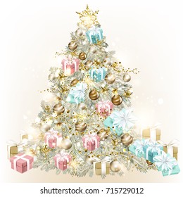 Christmas tree decorated by baubles and gifts