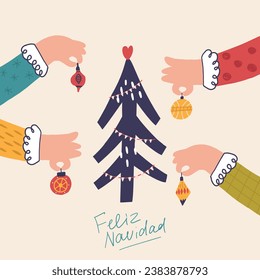 Christmas Tree is Decorated by Hand with Xmas Tree Toys. Greeting New Year vector illustration in hand drawn style