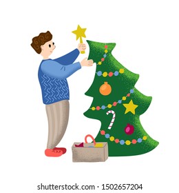 Christmas tree decorated by smiling man. Christmas or New Year vector illustration. Happy person decorate Christmas tree. Sole adult man celebrate winter holiday. New Year party at home concept