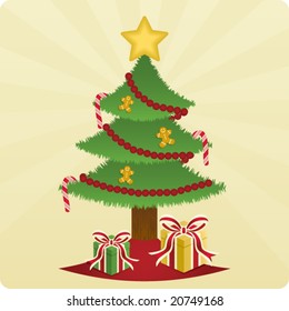 Christmas tree decorated with candy canes and gingerbread men and shiny, wrapped presents underneath
