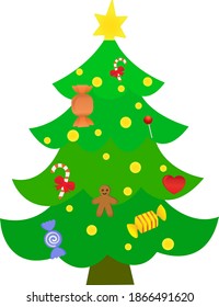   Christmas tree decorated with candy, gingerbread man and garland