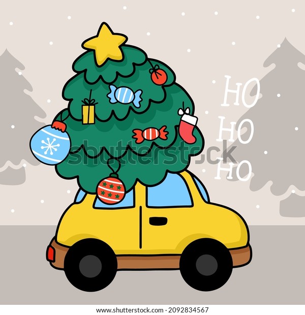 The Christmas tree decorated with candy and\
lovely ornament on yellow car and pine trees in winter background,\
cartoon design, vector\
illustration