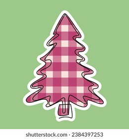 Weihnachtsbaum dekoriert karierten rosa Muster. Line Art und White Strich Aufkleber. Design für Urlaubstext, Grußkarte, Muster, Banner. Vektorgrafik-FlachIllustration einzeln