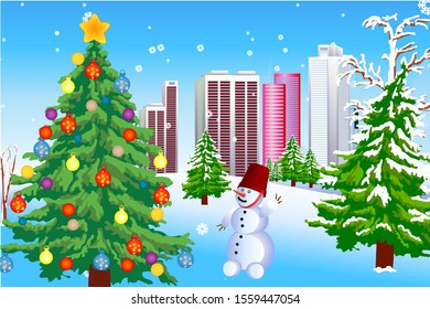 Christmas tree decorated in the city park. The snowman stands and admires them. Vector illustration for Christmas holydays.