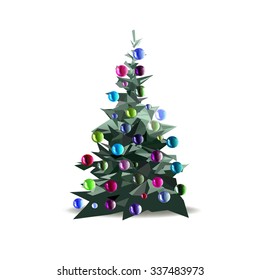 Christmas tree decorated with colored balls, vector isolated
