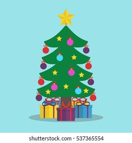 Christmas tree decorated with colored balls and star under which gifts on blue background. New year, happy and christmas concept. Flat design. Vector illustration. EPS 8, no transparency
