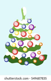 Christmas tree decorated with colored balls with snowflakes. Vector image