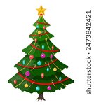 Christmas tree decorated with colorful balls, garland lights, golden star. Spruce, evergreen tree. Greeting card, festive poster, party invitations. New year. Vector illustration in flat style