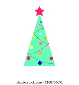 The Christmas tree is decorated with colorful balls, a red star. Vector illustration.