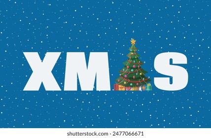 Christmas tree decorated with colorful balls, garland lights, golden star. Spruce, evergreen tree xmas word. Greeting card, festive poster, party invitations. New year. Vector illustration flat style