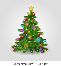 The Christmas tree is decorated with colorful balls, a garland lights and a golden star. Vector illustration.