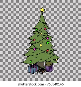 Christmas tree decorated with colorful balls, garland lights and golden star. Hand drawn vector illustration.