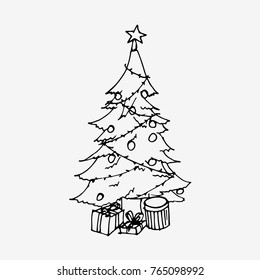 Christmas tree decorated with colorful balls, garland lights and golden star. Hand drawn vector illustration.