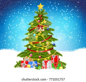 Christmas tree is decorated with colorful balls, a garland lights and a golden star. Vector illustration.