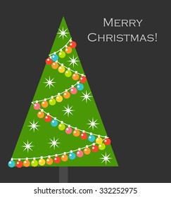 Christmas tree decorated with colorful lights. Vector illustration