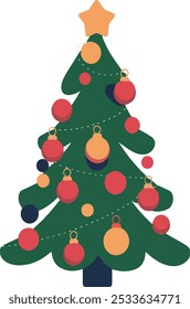 Árbol de Navidad decorado con adornos coloridos y una estrella dorada. Para patrones de vacaciones, tarjetas de felicitación, diseños digitales.