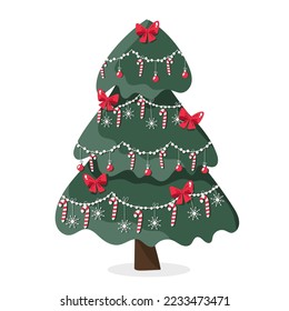 Christmas tree decorated with colourful garlands, candy canes, red bows and snowflakes. Flat vector illustration isolated on white.