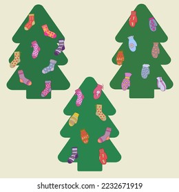 Christmas tree decorated with colourful socks and mittens. Illustration elements for postcard, sticker, packaging.