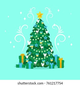 The Christmas tree is decorated with Christmas decorations, reindeer, bows, stars, garlands, angels. Many gifts under the tree. Around the fantastic snowy blizzard.