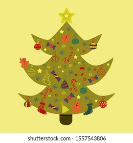 Christmas tree decorated with different toys and sweets. Holiday card, gift, interior element, New Year Card. Eve vector illustration