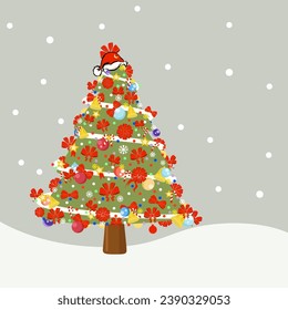 Christmas tree decorated with different types of red ribbons, colored balls, snow background. #MyRealHoliday