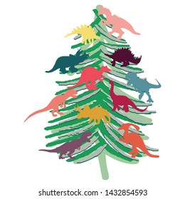 Christmas tree decorated with dinosaurs. Cute isolated dinosaur cartoon character illustration. T shirt, poster, greeting card design elements. Vector