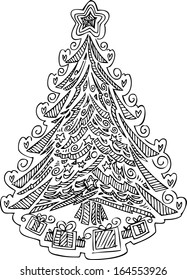 Christmas tree decorated with doodles 