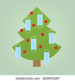 christmas tree decorated with face mask, christmas celebration during coronavirus pandemic, protective measures- vector illustration