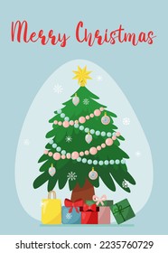 Christmas tree decorated with festive balls, lights and star, gift boxes under the tree, flat vector