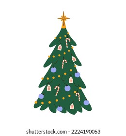 Christmas tree decorated with festive baubles, holiday garland, star topper. Xmas fir with winter decoration, ornaments, balls, candy canes. Flat vector illustration isolated on white background