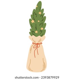 Christmas tree decorated with festive baubles, garland. Traditional Xmas holiday fir with ball ornament, star. Artificial spruce on stand. Flat vector illustration isolated on white background