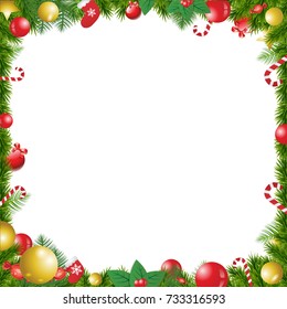 Christmas tree decorated frame isolated on white background with space for text. Template, border.