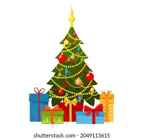 Christmas tree decorated with a garland, decorative balls, beads and lamps. gift boxes. Vector flat style illustration, cartoon