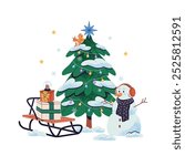 Christmas tree decorated with garland under snow. Xmas gift boxes on sled near pine, spruce. New Year firtree with snowman and snowflakes outdoor. Flat isolated vector illustration on white background