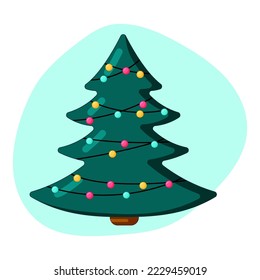 Christmas tree decorated with garland, vector illustration, flat cartoon style