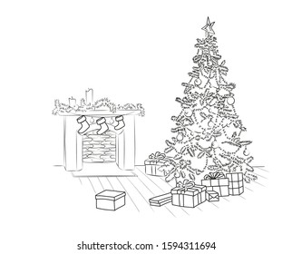 Christmas tree decorated with garlands and balls into the room with decorated fireplase with socks, original vector lineart black and white illustration 