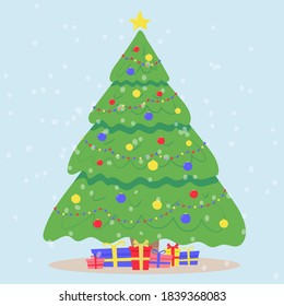 Christmas tree decorated with garlands and balls, with gift boxes. Merry Christmas and a happy new year.