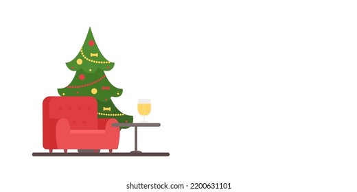 Christmas tree, decorated with garlands, and cozy armchair. Copy space. Place for your text. Vector illustration. Cartoon flat style