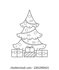 Christmas tree , decorated with garlands, with gifts. In line art. Isolated on white background. Cartoon flat style. Vector illustration