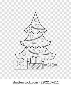 Christmas tree is decorated with garlands and gifts. In line art. On transparent background. Cartoon flat style. Vector illustration