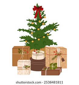 Christmas tree decorated with garlands and gifts under it. Flat vector illustrations isolated on white background