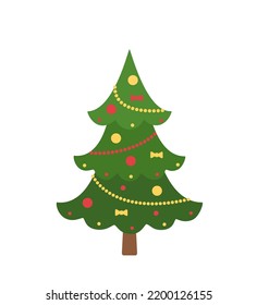 Christmas tree decorated with garlands isolated on white background. Cartoon flat style. Vector illustration