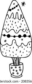Christmas tree decorated with garlands. Sketch, doodle, logo, clipart, black and white vector illustration hand-drawn. Christmas, New Year, New Year holidays.