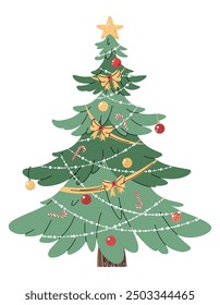 Christmas tree decorated with garlands and toys on a white background. Festive tree in a flat style.