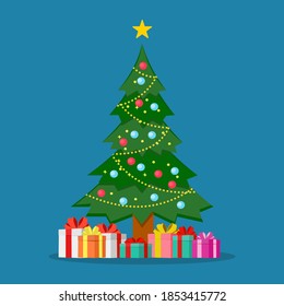 christmas tree. Decorated christmas tree with gift box decoration balls. Merry Christmas